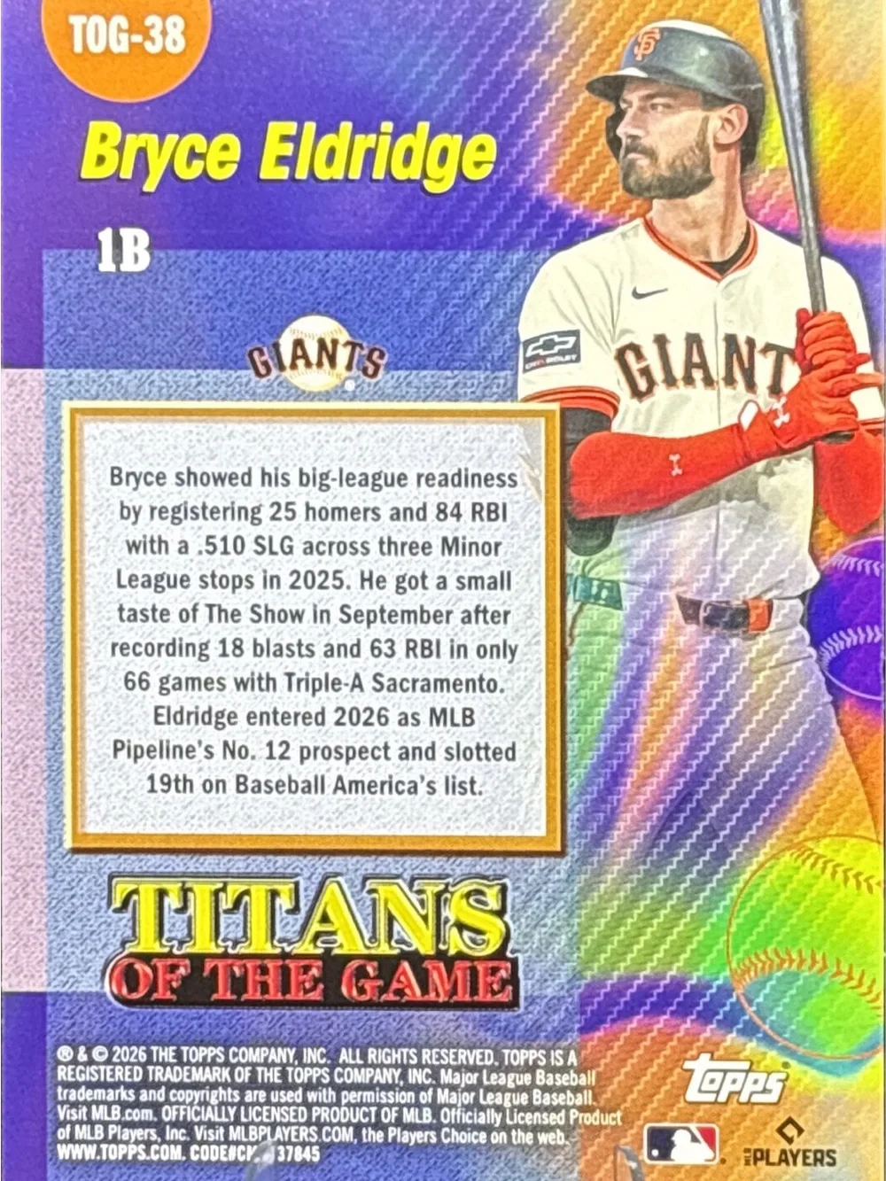 Topps Bryce Eldridge Holographic Rainbow RC Baseball Card - Titans of the Game